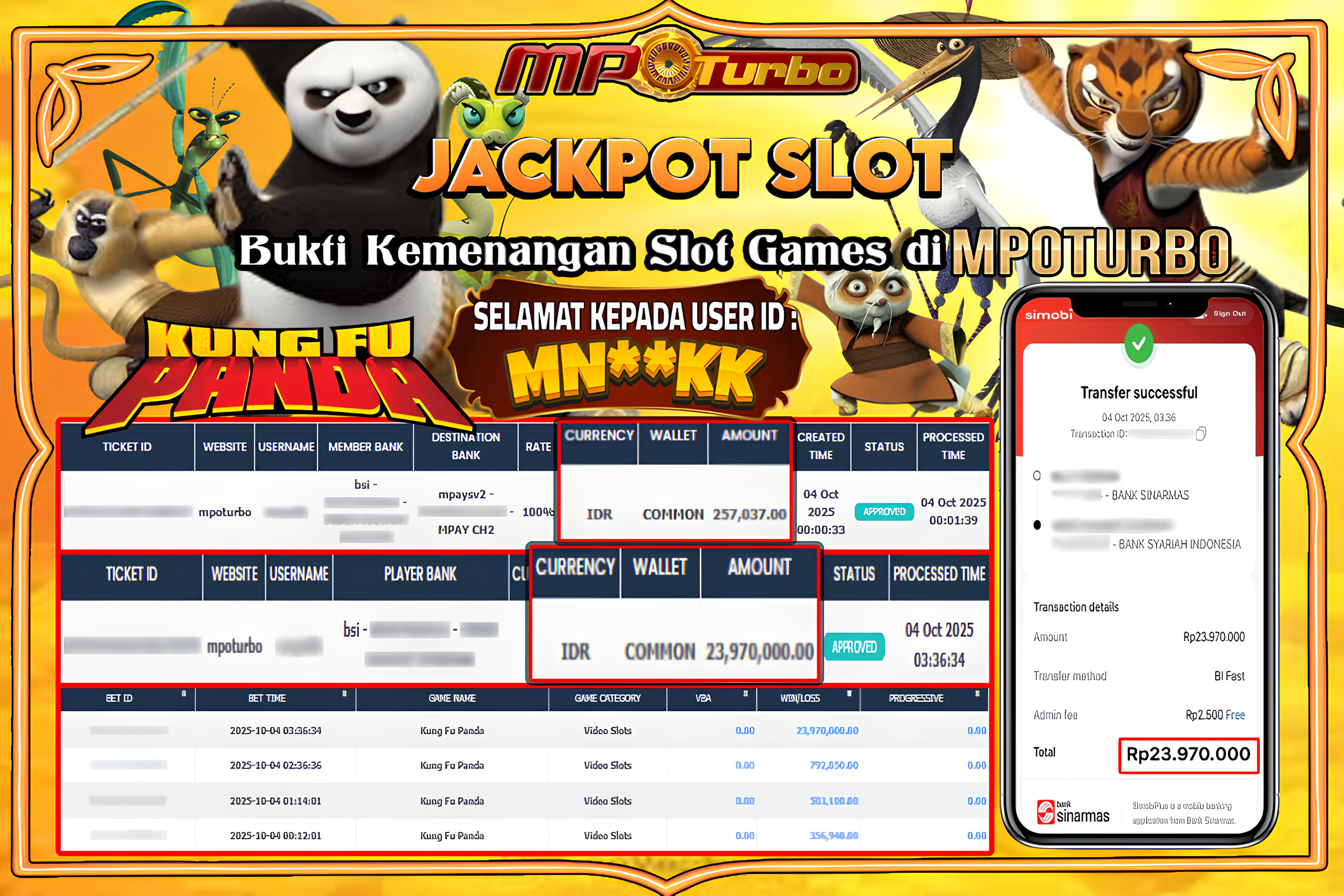 MPOTURBO JACKPOT SLOT KUN FU PANDA - GB GAME Rp 23,970,000.00,- LUNAS